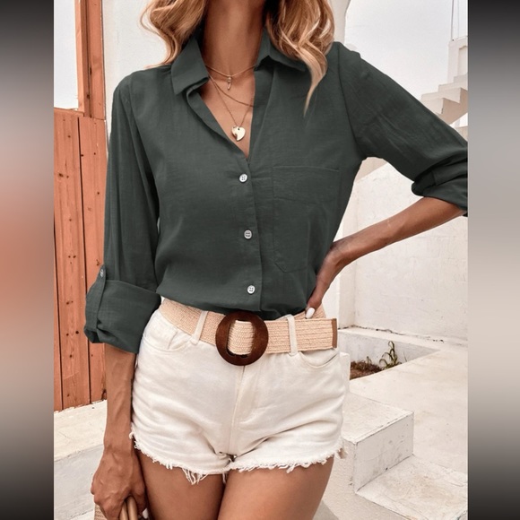 GRAY BUTTON DOWN LONG SLEEVE TOP - Picture 1 of 6